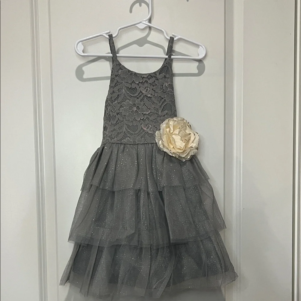 PINK & VIOLET gray dress with lace top and tiered tulle bottom with shimmer gold